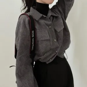Vintage Cropped Corduroy Blouses Women Casual Oversized Korean Fashion Chic Elegant Shirts Female Streetwear Button Up