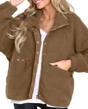 VNIRA Sherpa Jacket for Women Winter Long Sleeve Button Donw Zip Up Warm Sherpa Fuzzy Fleece Jackets Coat Outwear