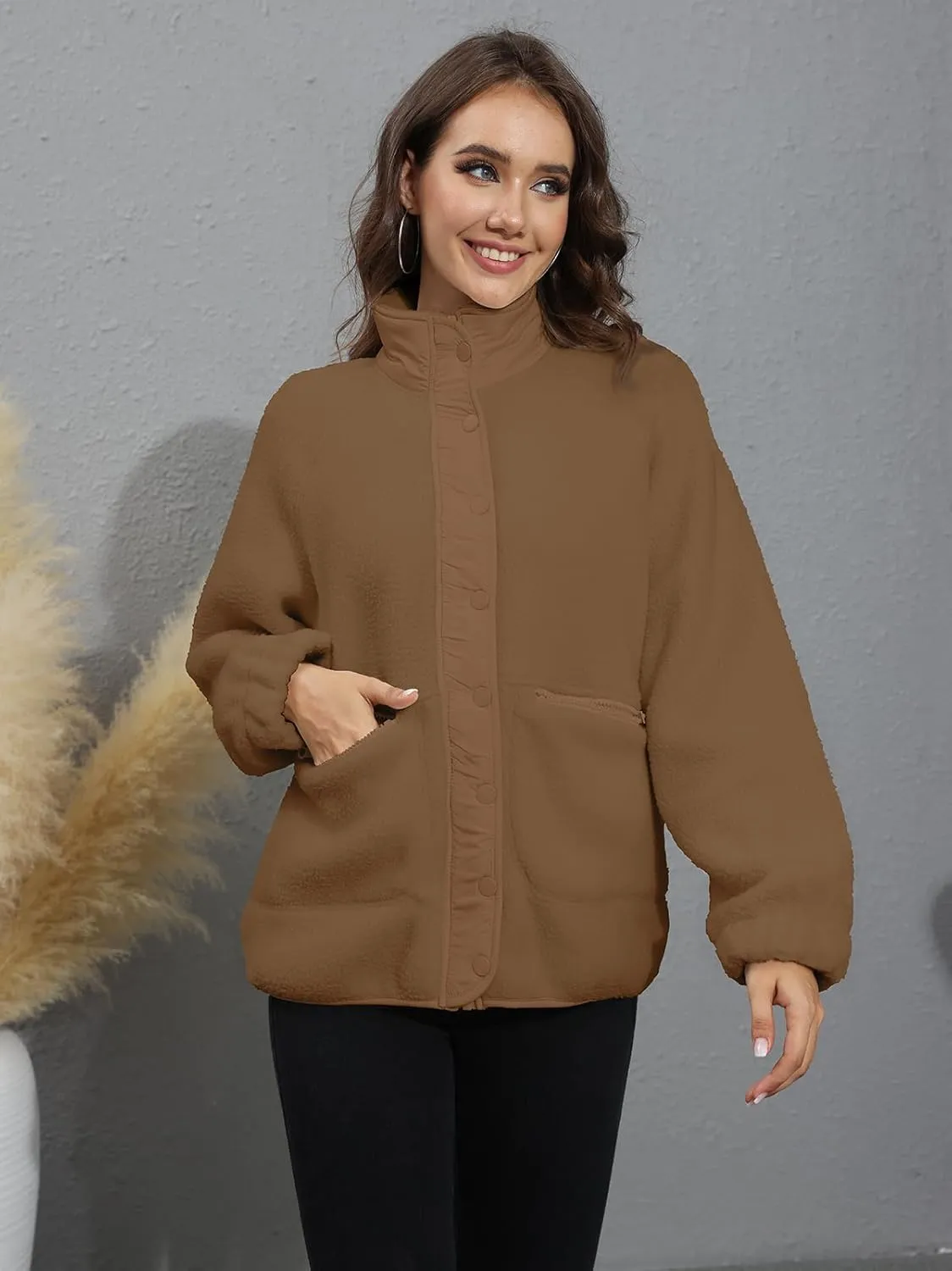 VNIRA Sherpa Jacket for Women Winter Long Sleeve Button Donw Zip Up Warm Sherpa Fuzzy Fleece Jackets Coat Outwear