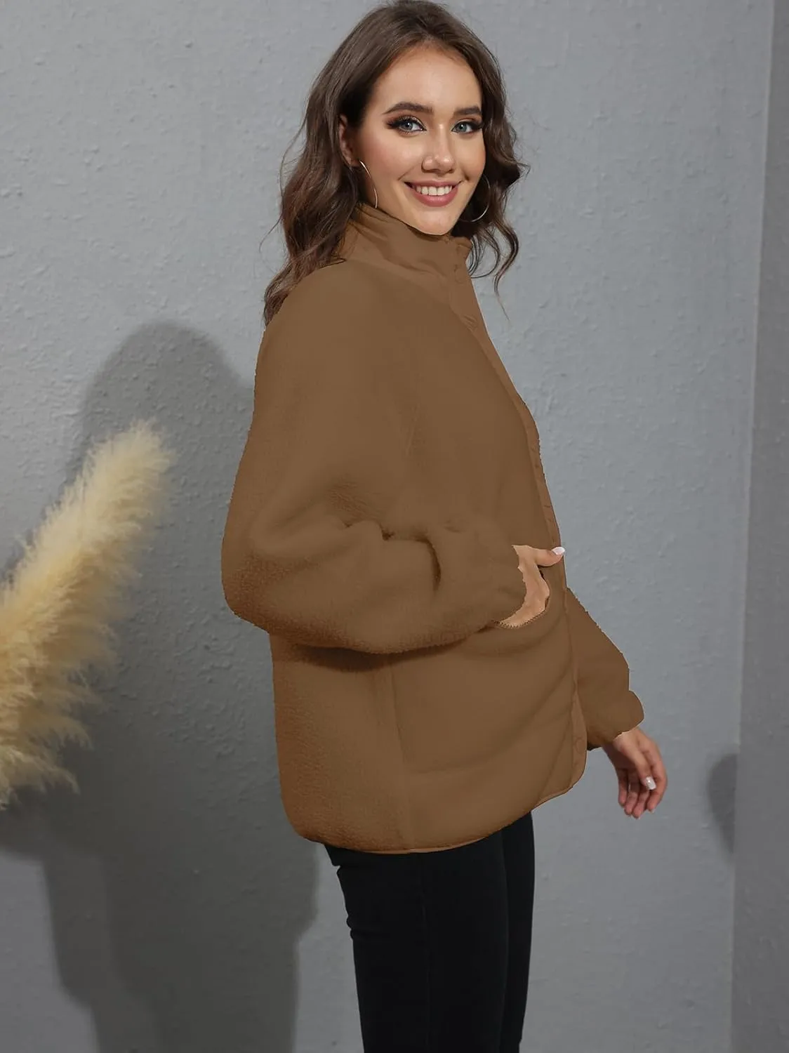 VNIRA Sherpa Jacket for Women Winter Long Sleeve Button Donw Zip Up Warm Sherpa Fuzzy Fleece Jackets Coat Outwear