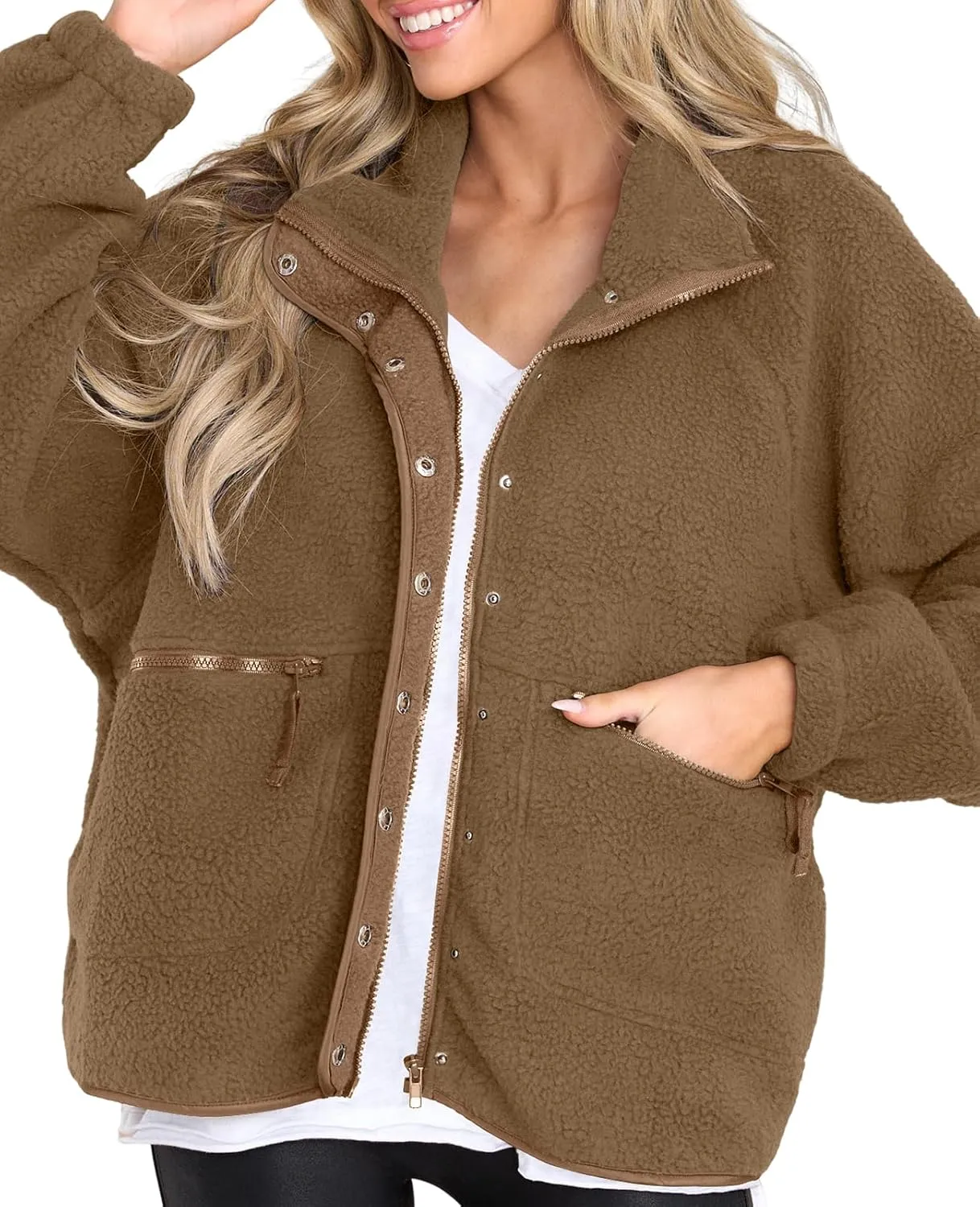 VNIRA Sherpa Jacket for Women Winter Long Sleeve Button Donw Zip Up Warm Sherpa Fuzzy Fleece Jackets Coat Outwear