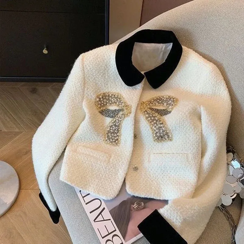 Women Bow Patchwork Beige Short Coat