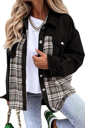 Women Jean Jacket Denim Plaid Shackets Button Down Shirt Jackets Oversized Pocketed Coat 2024 Fall Fashion Outfits
