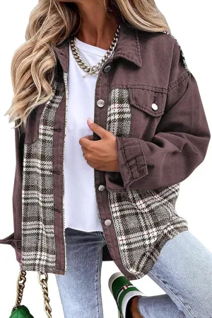 Women Jean Jacket Denim Plaid Shackets Button Down Shirt Jackets Oversized Pocketed Coat 2024 Fall Fashion Outfits