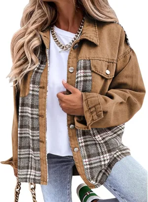 Women Jean Jacket Denim Plaid Shackets Button Down Shirt Jackets Oversized Pocketed Coat 2024 Fall Fashion Outfits