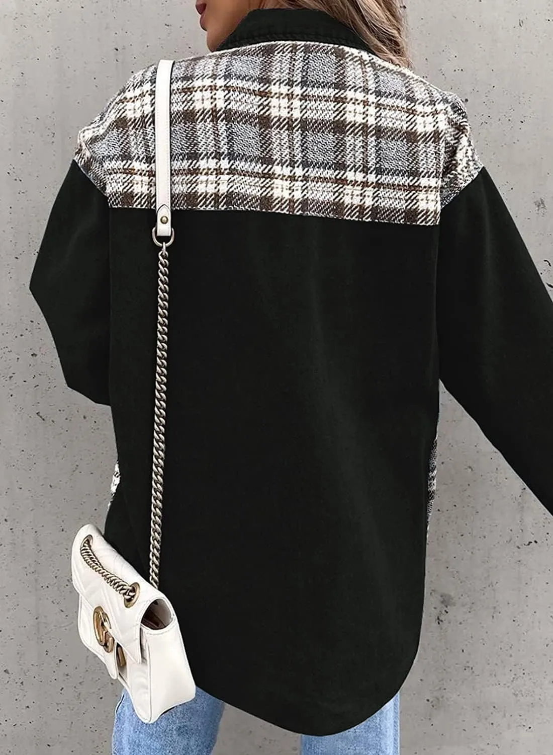 Women Jean Jacket Denim Plaid Shackets Button Down Shirt Jackets Oversized Pocketed Coat 2024 Fall Fashion Outfits
