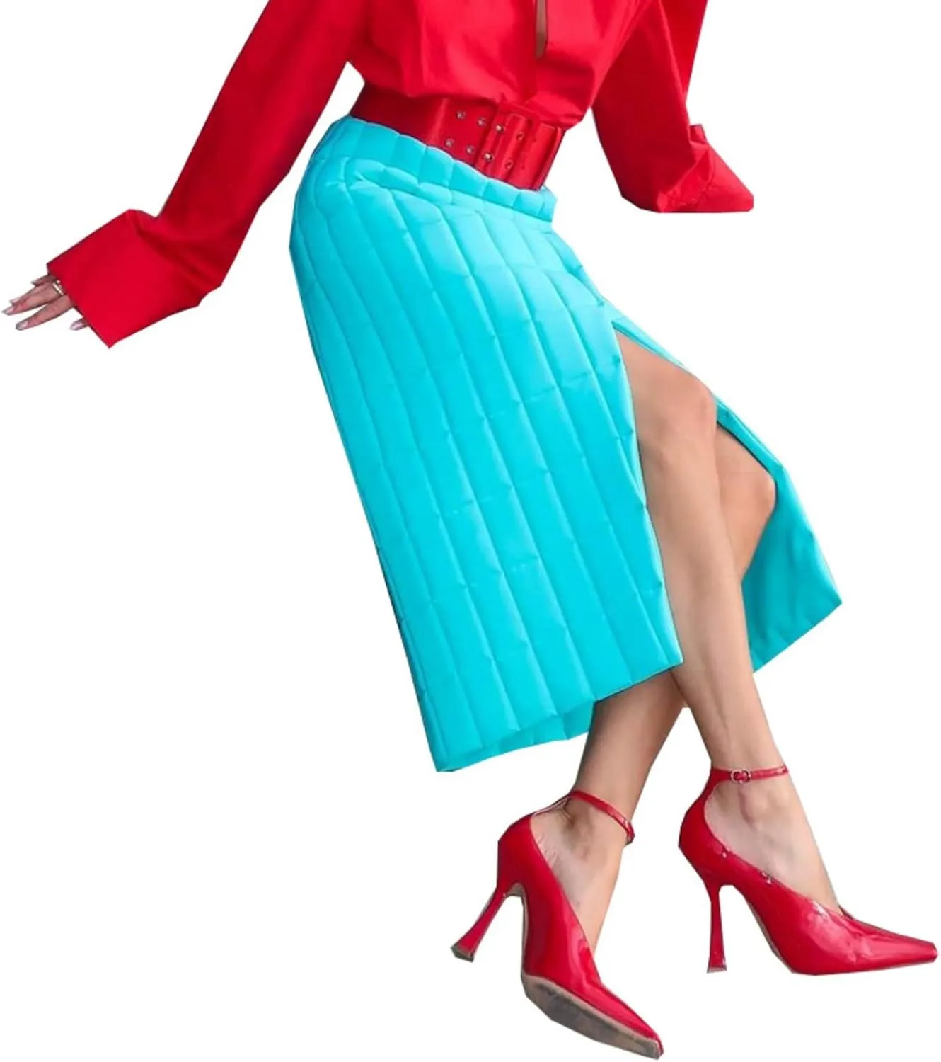 Women Winter Fashion High Waist Quilted Puffer Midi Wrap Pencil Skirts with Slit
