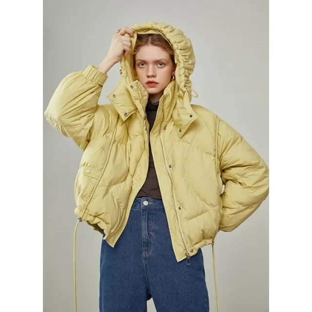 Women&#39;s Winter Hooded Short Yellow Down Jacket Simple Casual Loose Fashion Women Coat Ladies Coats And Jackets