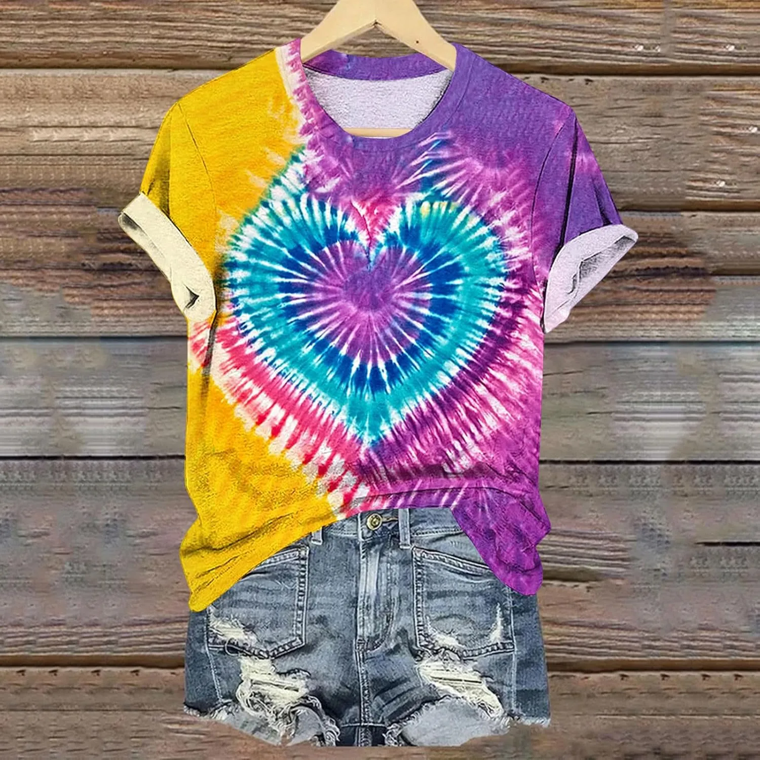 Women's Juniors Heart Tie Dye Short Sleeve T Shirt Plus Size Summer Tops Casual Loose Rainbow Tees Hip Hop Shirts