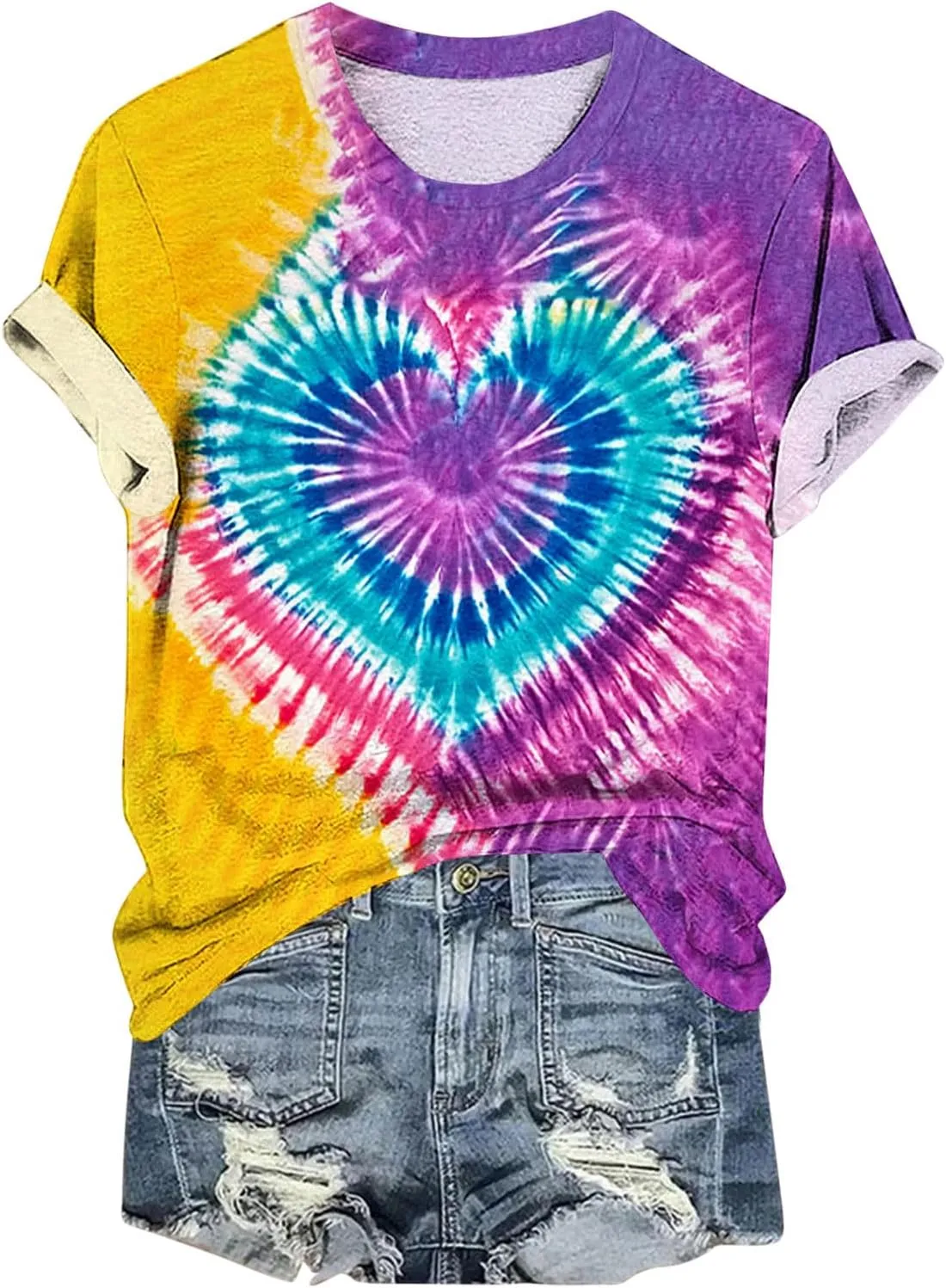 Women's Juniors Heart Tie Dye Short Sleeve T Shirt Plus Size Summer Tops Casual Loose Rainbow Tees Hip Hop Shirts