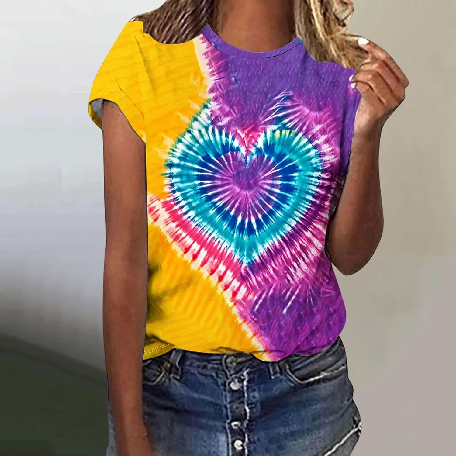 Women's Juniors Heart Tie Dye Short Sleeve T Shirt Plus Size Summer Tops Casual Loose Rainbow Tees Hip Hop Shirts
