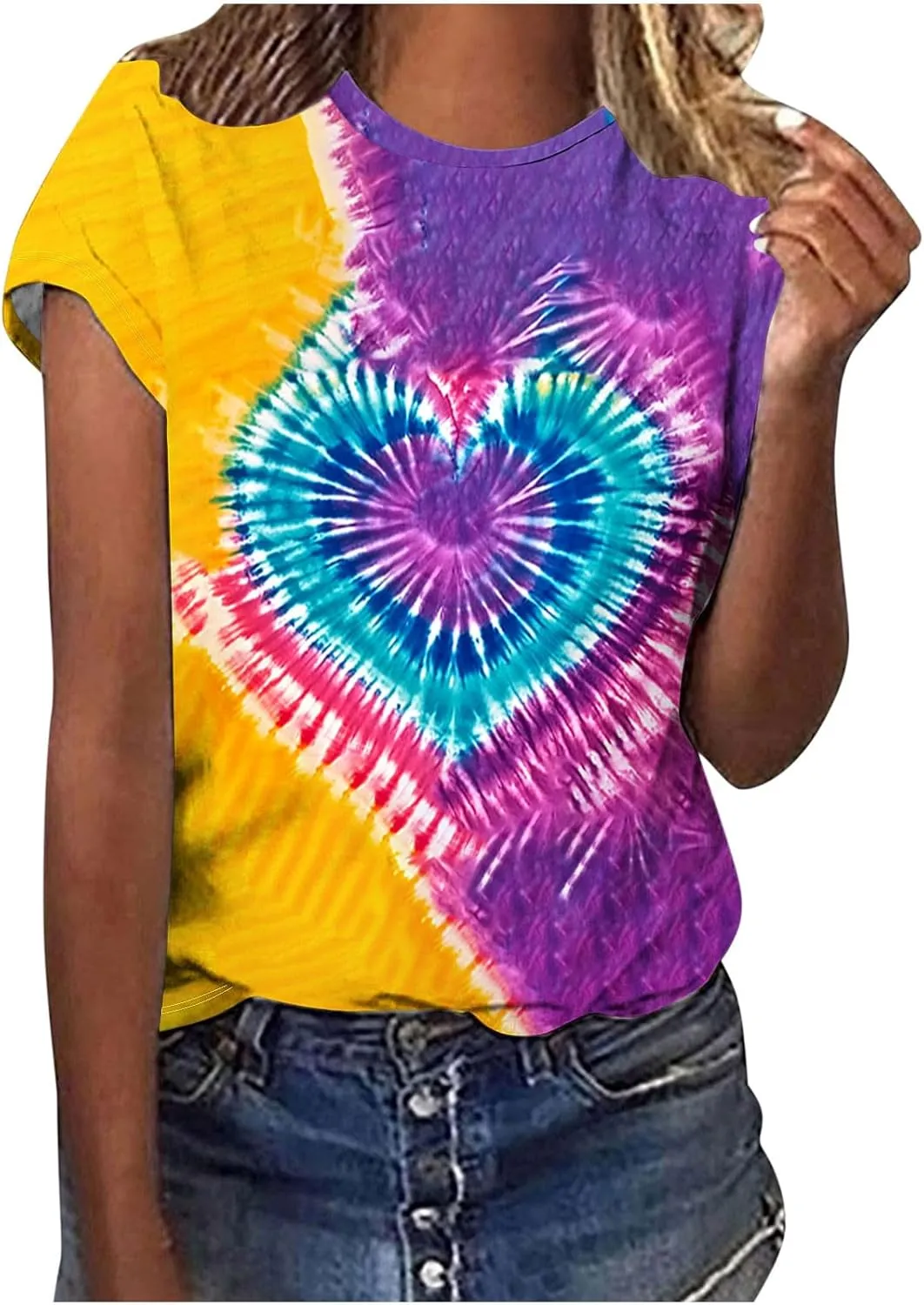 Women's Juniors Heart Tie Dye Short Sleeve T Shirt Plus Size Summer Tops Casual Loose Rainbow Tees Hip Hop Shirts