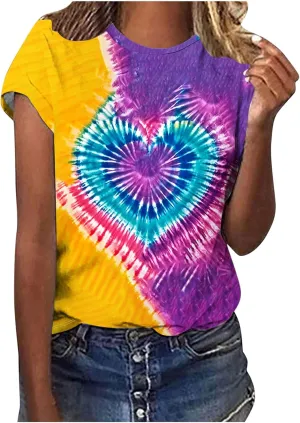 Women's Juniors Heart Tie Dye Short Sleeve T Shirt Plus Size Summer Tops Casual Loose Rainbow Tees Hip Hop Shirts