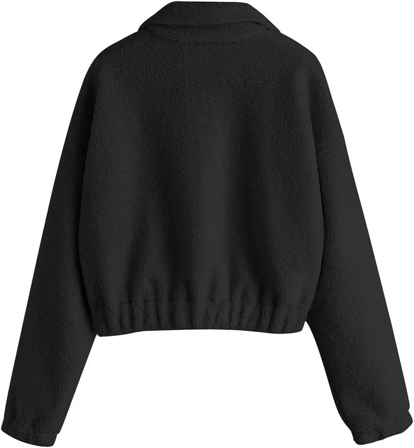 ZAFUL Women's Faux Fur Pullover Half Zip Long Sleeve Crop Sweatshirt Tops