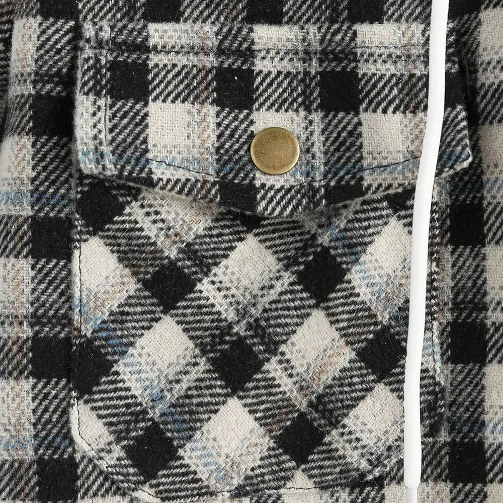 ZAFUL Women's Plaid Fleece Lined Hooded Jacket Button Up Oversized Fuzzy Coat Checkered Flannel Hoodie Jacket