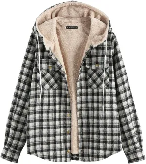 ZAFUL Women's Plaid Fleece Lined Hooded Jacket Button Up Oversized Fuzzy Coat Checkered Flannel Hoodie Jacket