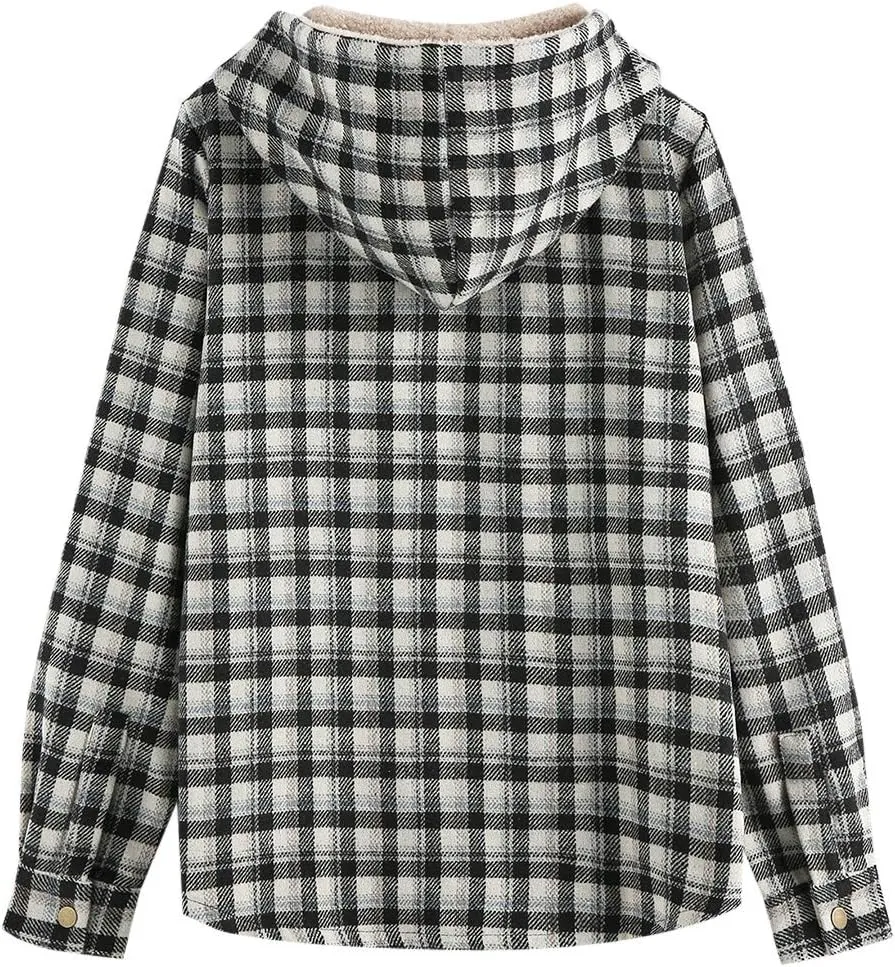 ZAFUL Women's Plaid Fleece Lined Hooded Jacket Button Up Oversized Fuzzy Coat Checkered Flannel Hoodie Jacket