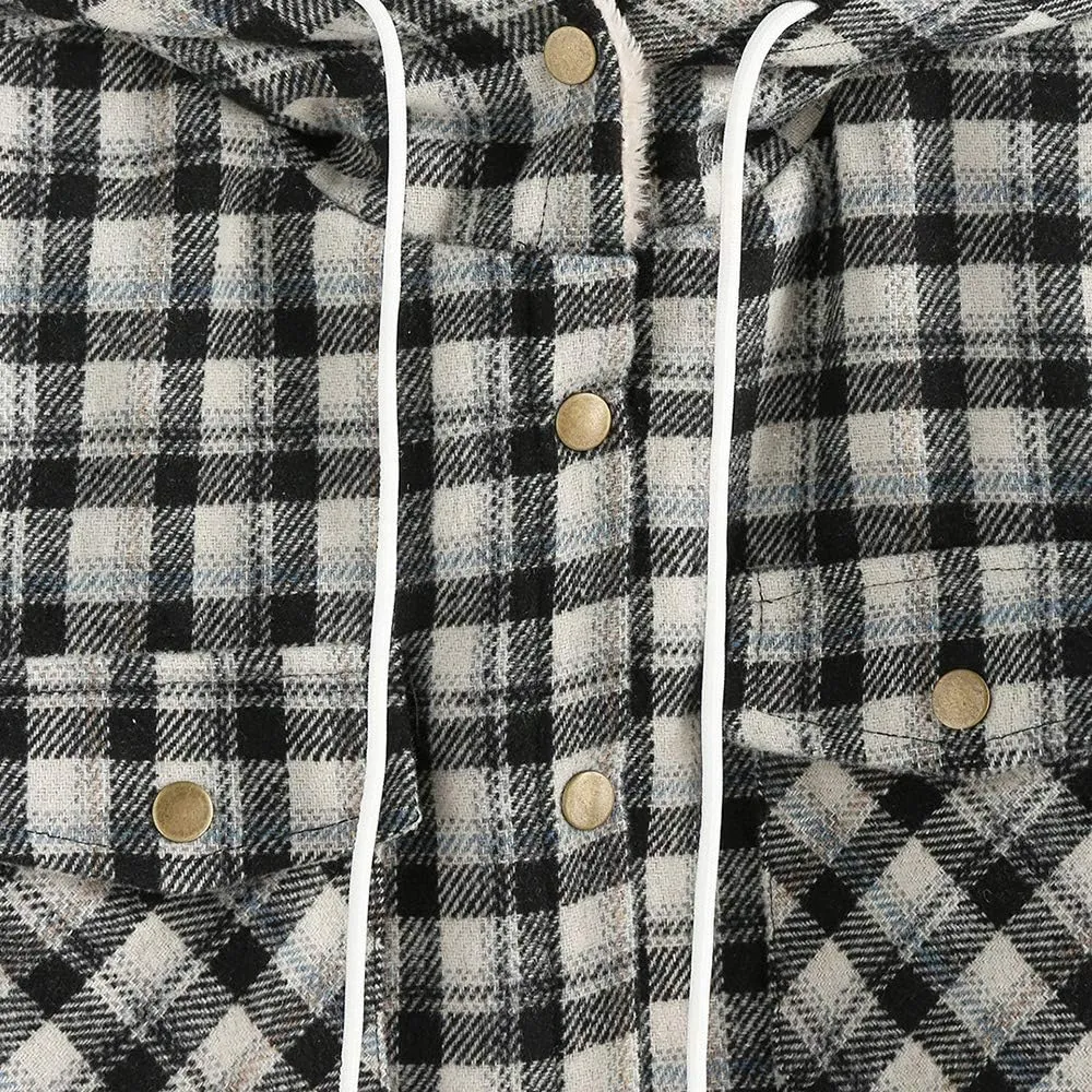 ZAFUL Women's Plaid Fleece Lined Hooded Jacket Button Up Oversized Fuzzy Coat Checkered Flannel Hoodie Jacket