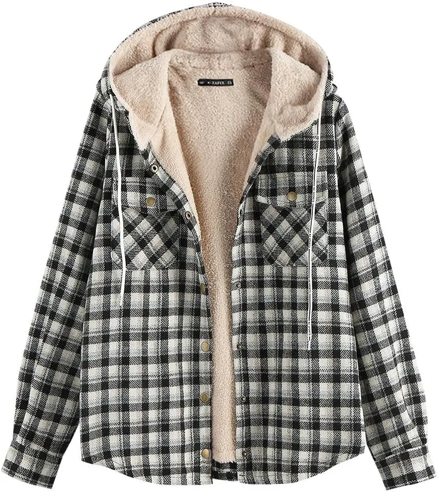 ZAFUL Women's Plaid Fleece Lined Hooded Jacket Button Up Oversized Fuzzy Coat Checkered Flannel Hoodie Jacket