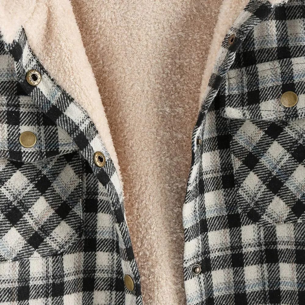 ZAFUL Women's Plaid Fleece Lined Hooded Jacket Button Up Oversized Fuzzy Coat Checkered Flannel Hoodie Jacket