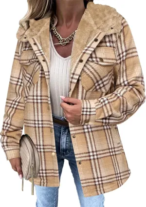 Zeagoo Womens Plaid Shacket Jacket Long Sleeve Button Down Fleece Hooded Jackets Warm Coat