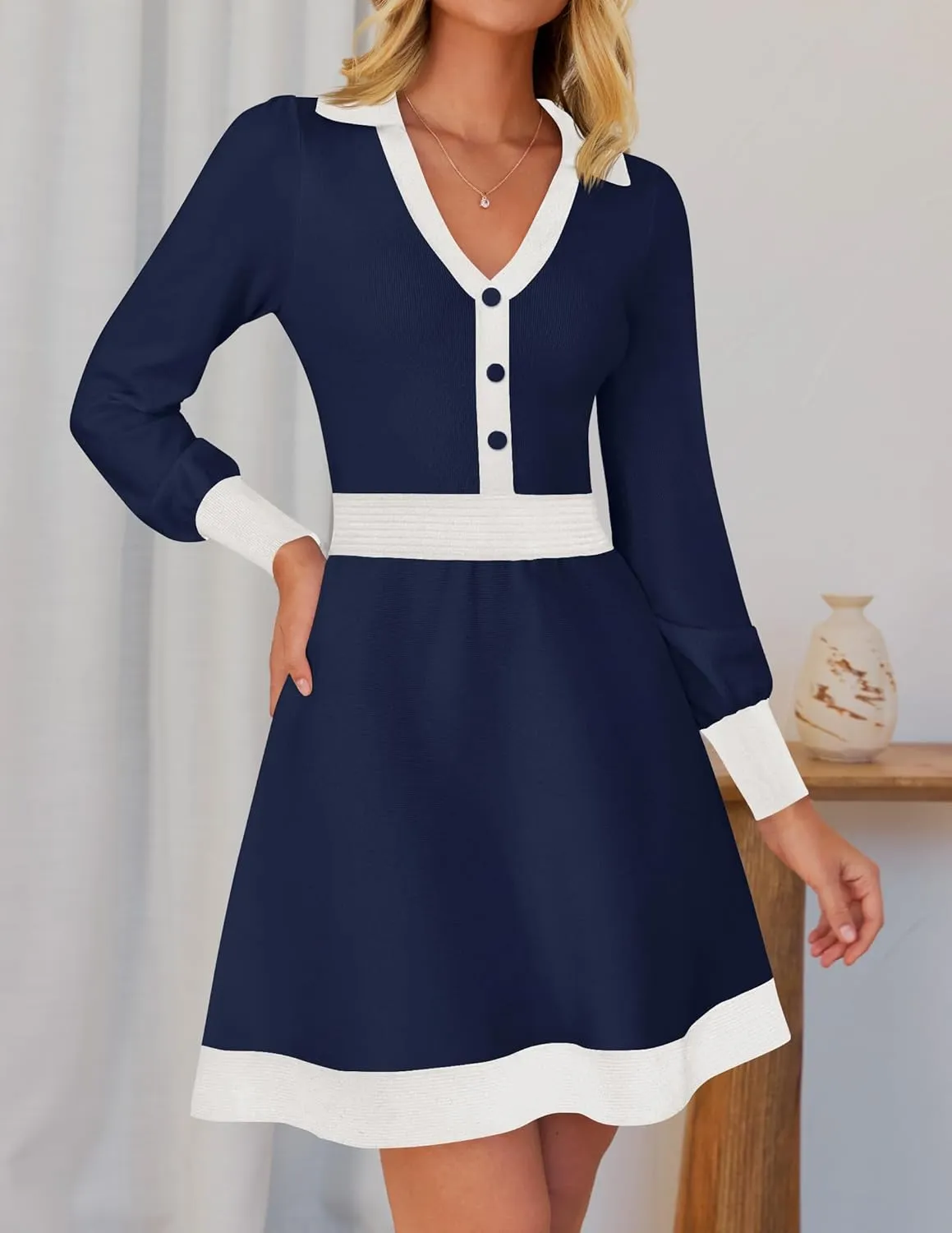 ZESICA Women's Spring Long Sleeve V Neck Sweater Dress Collar Ribbed Knit Mini Dresses